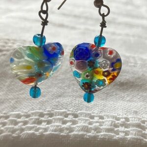 Vintage Colorful Heart-Shaped Hook Earrings with Blue‎ Beads